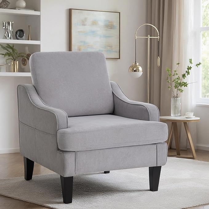 Accent Chair for Living Room,Mid-Century Arm Chair Fabric Living Room Chairs,Upholstered Reading Chair for Bedroom,Single Sofa Chair with Wood Legs for Apartment,Grey