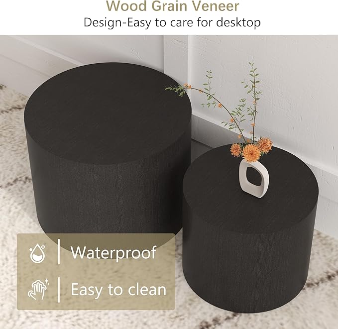 Nesting Coffee Table Set of 2, Round Wood Black Coffee Tables Modern Circle Coffee Tables Side End Table for Small Spaces Living Room, Bedroom, Balcony, Office
