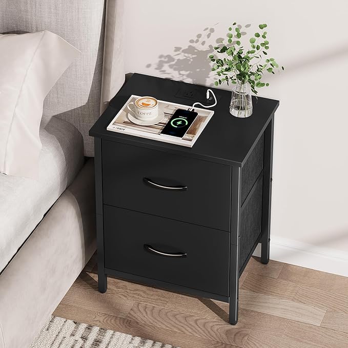Vagusicc Nightstand with Charging Station, Bedside Table with USB Ports and Outlet, End Table Side Table with 2 Fabric Drawers for Bedroom, Living Room, Black