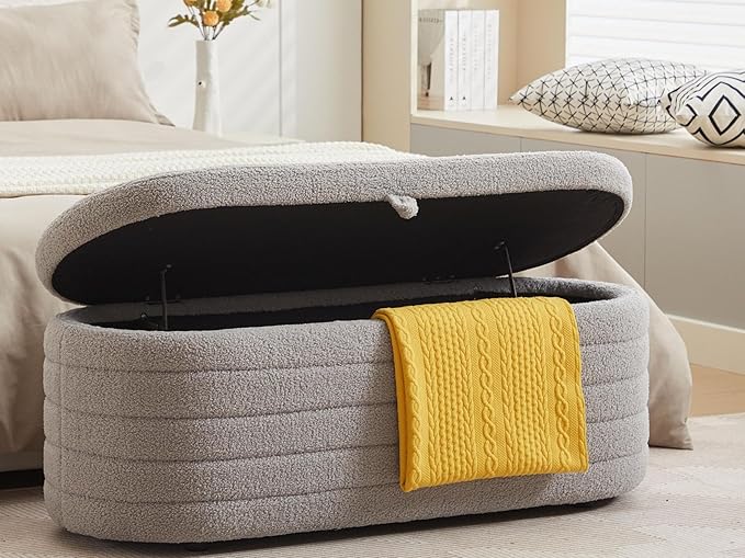 Storage Ottoman Bench End of Bed for Bedroom,45 inch Boucle Upholstered Entryway Shoe Seat Bench w/ Storage,Sherpa Modern Cute Padded Blanket Chest Stool Foot Rest for Living Room,Window Seating, Grey
