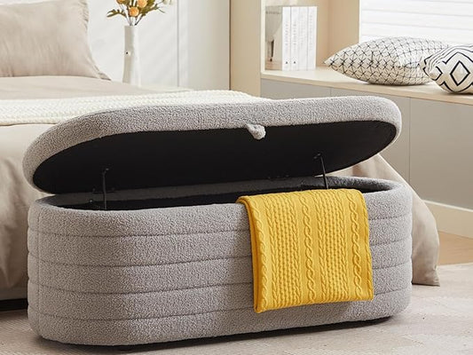 Storage Ottoman Bench End of Bed for Bedroom,45 inch Boucle Upholstered Entryway Shoe Seat Bench w/ Storage,Sherpa Modern Cute Padded Blanket Chest Stool Foot Rest for Living Room,Window Seating, Grey