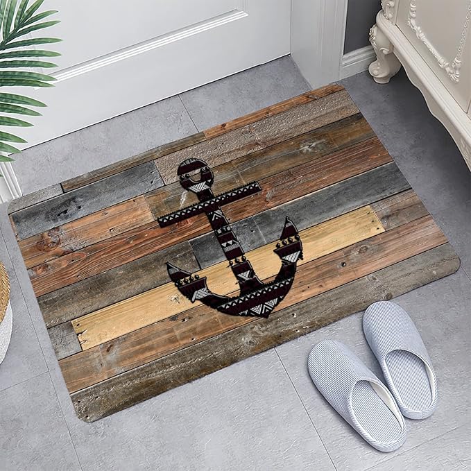 Bath Rugs Sponge Foam Absorbent Soft for Bathroom and Kitchen (21X35.5 inches),Flannel Mat Non Slip Bright 3D Print for Bedside and Living Room(Old Wooden Plank Anchor)