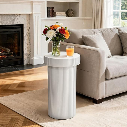 Side Table, 24" Pedestal End Table, 3-in-1 Durable Lightweight Round Coffee Table, Decorative Patio Accent Table Fluted Garden Stool Art Decor for Poolside, Balcony, Living Room,White