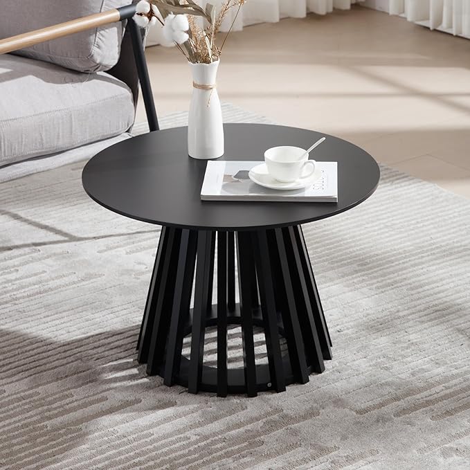 LukeAlon 24" Round Coffee Table, Mid Century Modern Wooden Center Table with Columnar Wood Strips Base Sofa Side Table Circle Tables for Living Room Small Space, Black