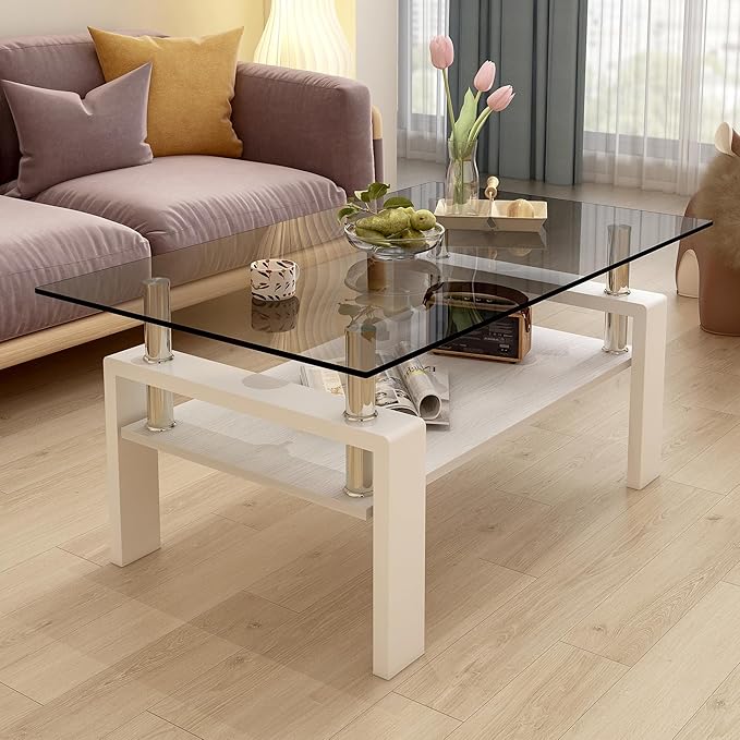 Coffee Table for Living Room, Modern Rectangle Tempered Glass Center Table with MDF Storage Shelf, 220lbs Load-Bearing for Small Space, Apartment, Office (Gray + White + Tempered Glass)