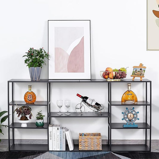 63 Inch Metal Console Table with 8 Storage Shelves,Extra Long Entryway Table,Narrow Sofa Table,Hallway Table for Entrances to Corridor, Foyer,Living Room (Black, 62.99×11.81×31.5)