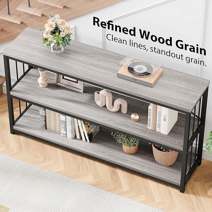 LVB Farmhouse Industrial Console Table, Wood Metal Foyer Entryway Sofa Tables with Storage, 3 Tier Long Rustic Entry Table TV Stand with Shelves for Home Living Room Hallway, Light Grey Oak, 55 Inch