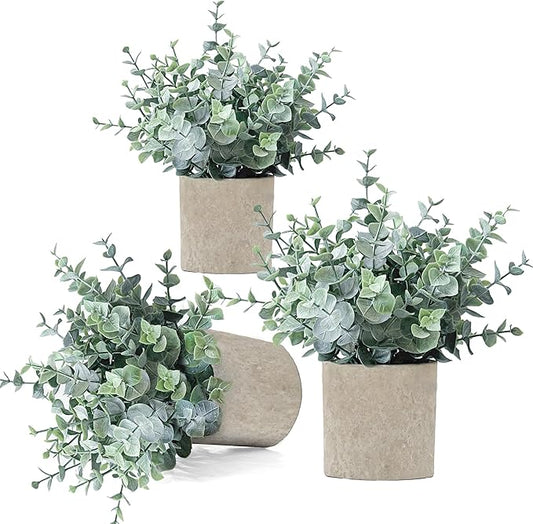 3 Pack Eucalyptus Fake Plants in Pot Artificial Plants Indoor Green Decor Small Faux Plants for Shelf Desk Home Bathroom Farmhouse Room Coffee Table Decor Greenery