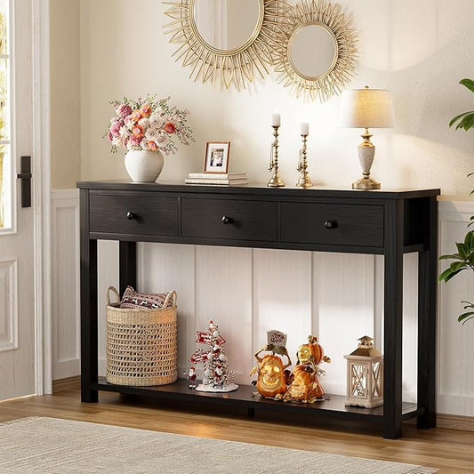 Homieasy Farmhouse Console Table with 3 Drawers, 47 Inch Wood Sofa Table with Storage Shelf for Living Room, Behind Couch, Entryway Table for Hallway, Living Room, or Foyer, Black