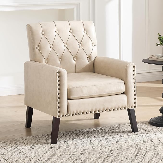 Mid Century Modern Accent Chair, White Faux Leather Office Chair for Reception - Brown Leather Club Chair for Living Room, Bedroom, or Waiting Room