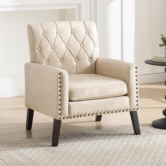 Mid Century Modern Accent Chair, White Faux Leather Office Chair for Reception - Brown Leather Club Chair for Living Room, Bedroom, or Waiting Room