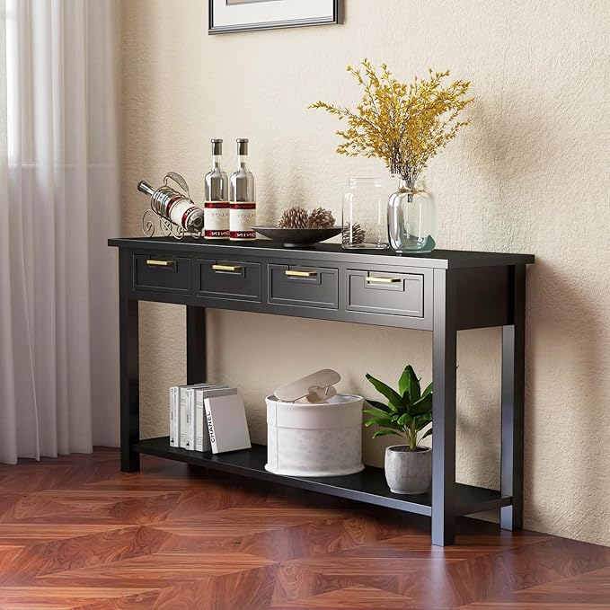 Console Table for Entryway with 4 Drawers, 60 Inch Long Foyer Table w/Open Storage Shelves and Handmade Metal Handle, Narrow Sofa Table for Living Room, Hallway, Black