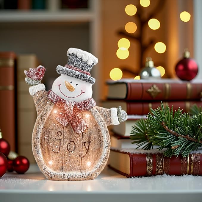 Snowman Christmas Indoor Decorations Snowman Figurine with LED Lights for Winter Holiday Decorations, Christmas Decor Frosty For Shelf Table Fireplace Mantle, Home Decor Accents Xmas Gift for Women