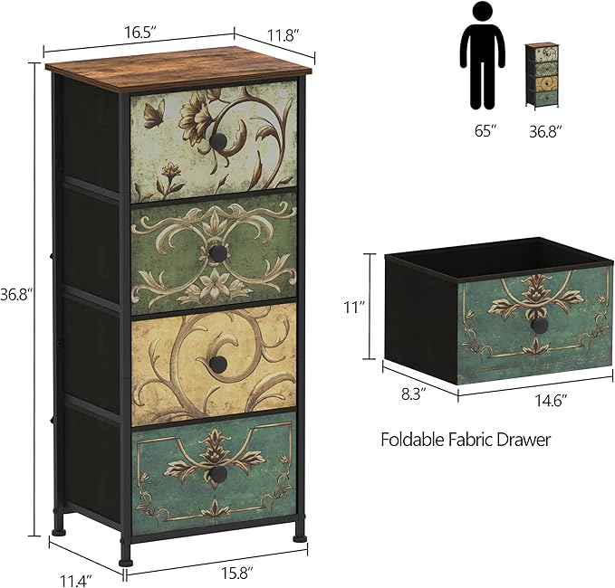 Tohomeor Small Dresser for Bedroom with Retro Flower Narrow Drawers Slim Chest of Drawers Skinny Nightstand Sofa End Table for Living Room Entryway Closet Storage (Multi, 4 Drawers)