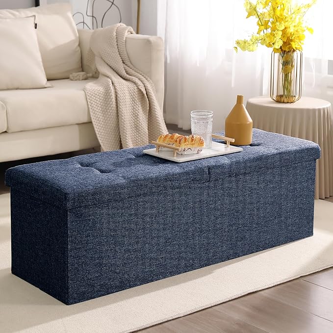 CUYOCA 45.3 Inches Ottoman Bench With 166L Storage Space - Foldable Seat Footrest Shoe Bench for End of Bed - Flipping Lid, Linen Fabric, Navy
