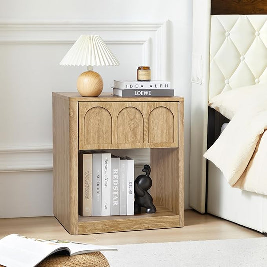 Nightstand Set of 2, 19.69" Wide Bedside Table with Arched Finish, Modern Night Stands with Curved Profile, Mid Century End Table for Bedroom Living Room (Natural-2 Packs)