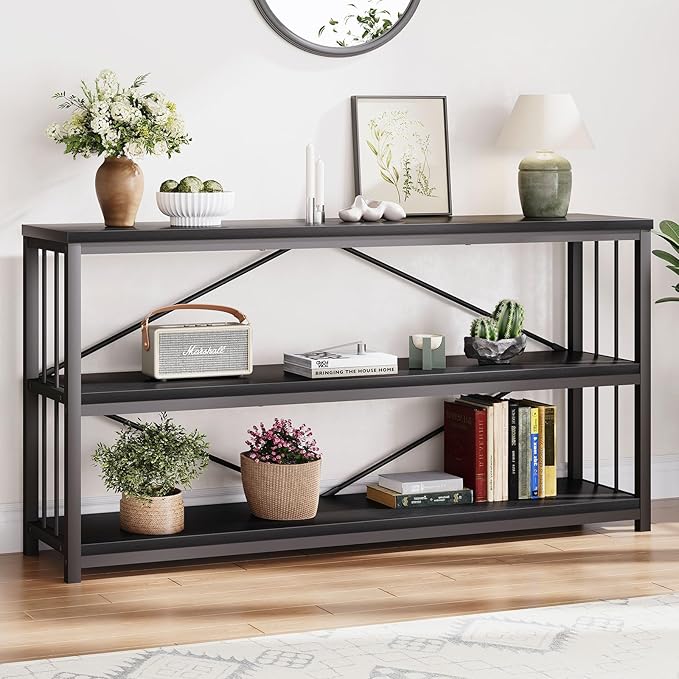 LVB Black Entryway Table, Modern Narrow Console for Hallway, Industrial Farmhouse Foyer Table with Storage Shelves, 63 Inch