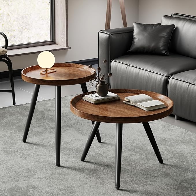 2 PCS Small Round Coffee Table Set, Mid Century Modern Coffee Tables for Living Room, Walnut Nesting Tables for Small Spaces, Easy Assembly Circle Wood Center Table,Black Nesting Coffee Table Set of 2