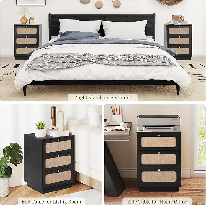 Modern Black Wood Nightstand Set of 2, 16" Small Night Stand with 3 Storage Drawer for Bedroom, Farmhouse Linen Decor Side End Table for Bedside, Living Room, Home Office (Black)