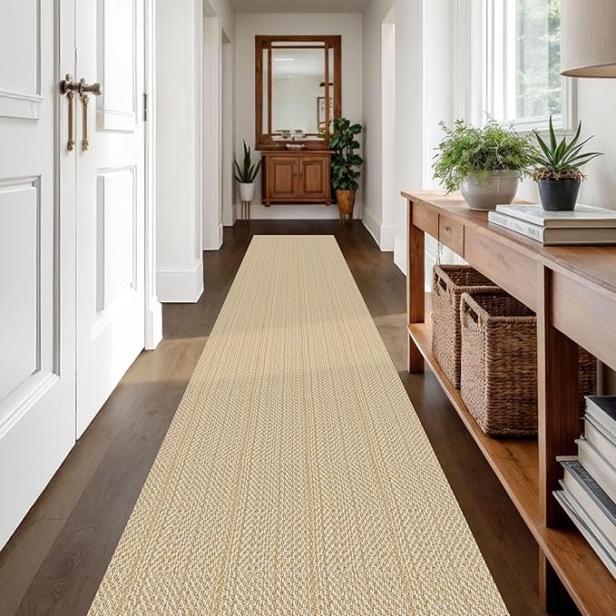 IOHOUZE Washable Runner Rug 2x12 Non Slip Rubber Backed Extra Long Hallway Runner Entryway Runner Indoor, Kitchen Rug Woven Cotton Carpet for Hall Entrance Stair, Warm Beige/Orange/Apricot