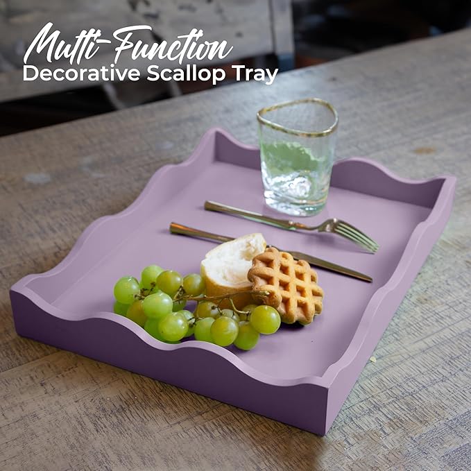 Wooden Scallop Serving Tray - for Coffee Table, Breakfast, Dinner Kitchen Living Room Bedroom, and Home Decor for All Occasions (Pastel Purple, M)
