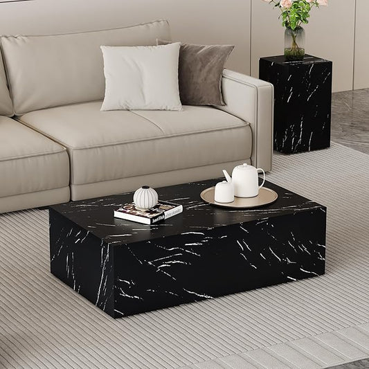 39.3" Rectangular Wood Coffee Table, Modern Black Faux Marble Pattern Coffee Tables for Living Room, Contemporary No Assembly Wooden Center Cocktail Table for Bedroom, Reception Room