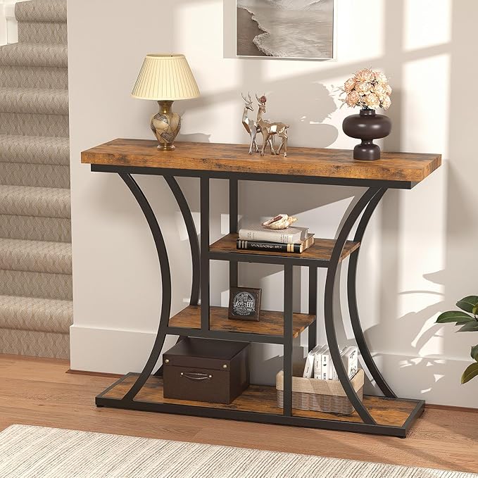 41.3" Industrial 4 - Tier Console Table with Curved Metal Frame, Narrow Long Sofa Table & Entryway Table with Storage Shelves for Living Room, Accent Table for Hallway Furniture Foyer