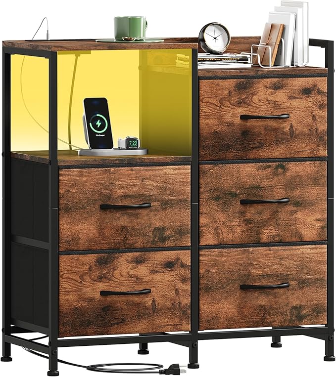 Somdot Nightstand with Charging Station and LED Light, Wide 5 Drawers Dresser for Bedroom with Fabric Bins and Open Shelf for Bedroom Kids Closet Dorm Guest Room, Wood Grain Print