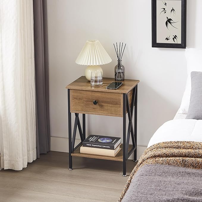 VECELO Nightstands Set of 2, Modern Bedside End Tables, Night Stands with Drawer and Storage Shelf for Living Room Bedroom, Industrial Metal Frame