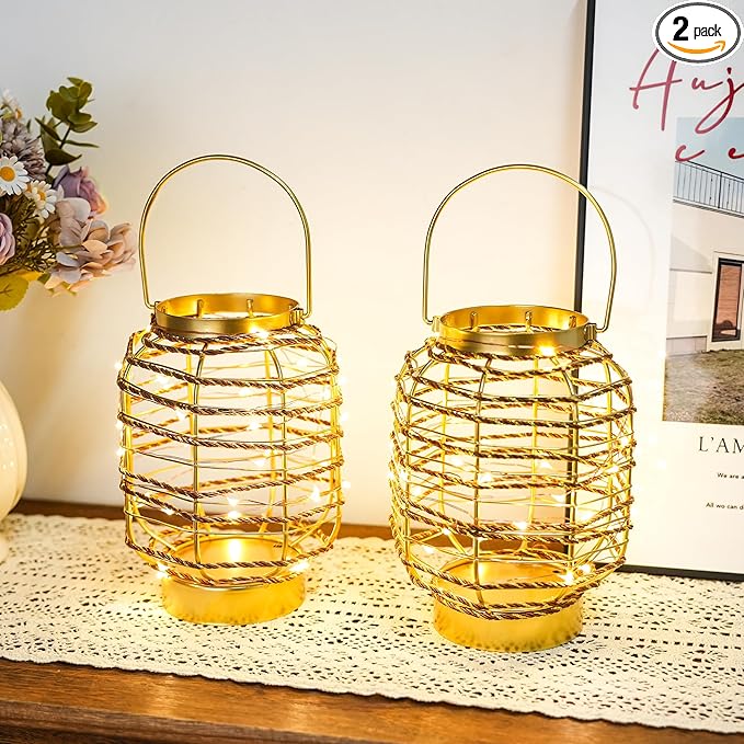 Set of 2 Battery Operated Table Lamp 7.7 "H Metal Cage LED Cordless Lamp with 6-Hour Timer, Vintage Decorative Fairy Lights Lantern for Indoor/Outdoor Bedrooms Weddings Parties Patio Events