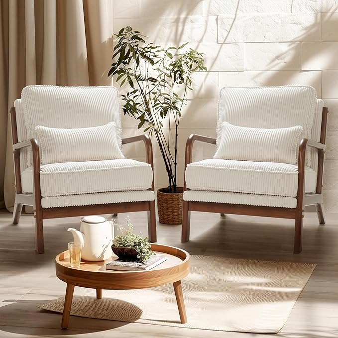 FLEXISPOT AC1 Mid Century Modern Accent Chair, Corduroy Upholstered Armchair with Lumbar Pillow & Thickened Backrest, Comfy Reading Chair with Wood Frame for Living Room, Bedroom, Balcony (White)