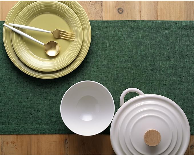 Solino Home Linen Table Runner 72 Inches Long - Athena, 100% Pure Linen Forest Green Dining Table Runner 14 x 72 Inch for Fall, Autumn, Thanksgiving, Christmas - Handcrafted and Machine Washable