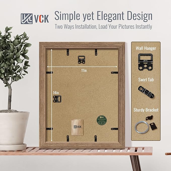 VCK 11x14 Picture Frame 2 Pack - Walnut, High-End Wood Poster Frames with Tempered Glass, Display 8x10 Photo with Mat or 11x14 without Mat, Art Gallery-Quality, Wall Hanging, Walnut