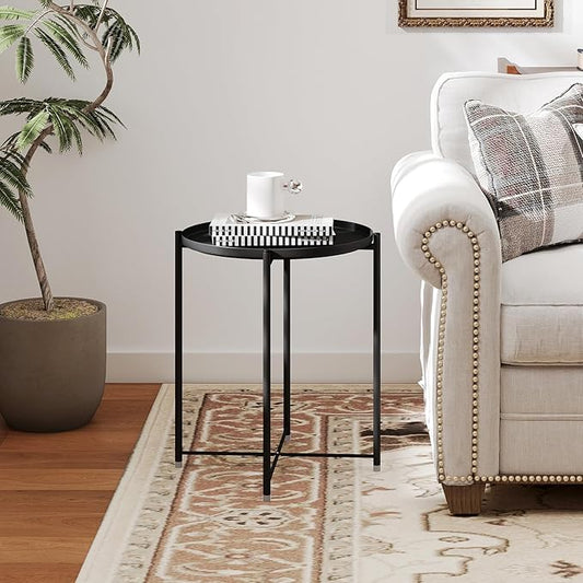 HollyHOME Round Metal Side Table, Outdoor Small Folding Accent Stand with Removable Tray, 17.72'' Portable End Table for Balconies, Gardens, Living Rooms and Bedrooms, Black
