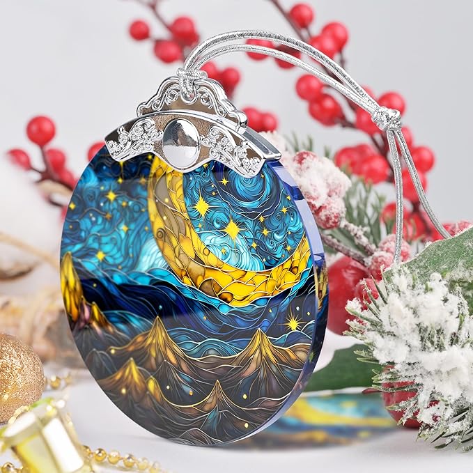 Retro Moon Star Stained Glass Hanging Ornament - Christmas Tree Decoration, Holiday Ornament, Gift Idea