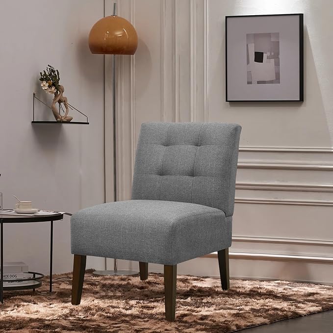 Slipper Accent Chair Modern Armless Lounge Chair with Wood Legs Upholstered Makeup Vanity Tufted Side Chair Fabric Comfy with Decor Back for Living Room Bedroom Patio (Pin Back, Grey)