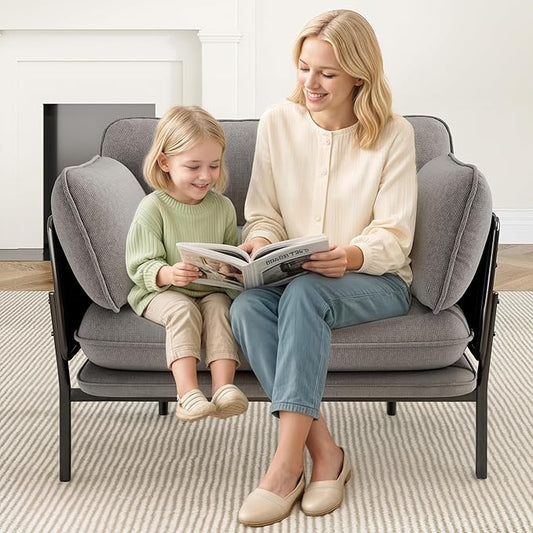 Modern Accent Chair for Living Room, Oversized Reading Chair with Solid Metal Legs, Upholstered Fabric Armchair with Side Pockets and 2 Pillows, Comfy Accent Chairs for Bedroom, Nursery, Khaki