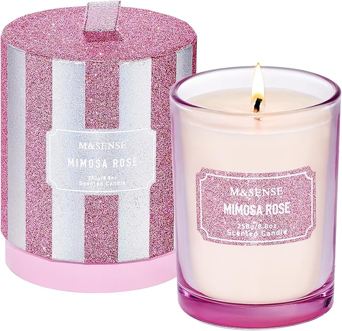 M&SENSE Rose Scented Candles, Classic Size 8.8 oz Glitter Jar Candles, Holiday Candles Gifts for Women, Strong Scented Natural Soy Candle for Winter Home Decor, 50 Hours Long Burning Candles