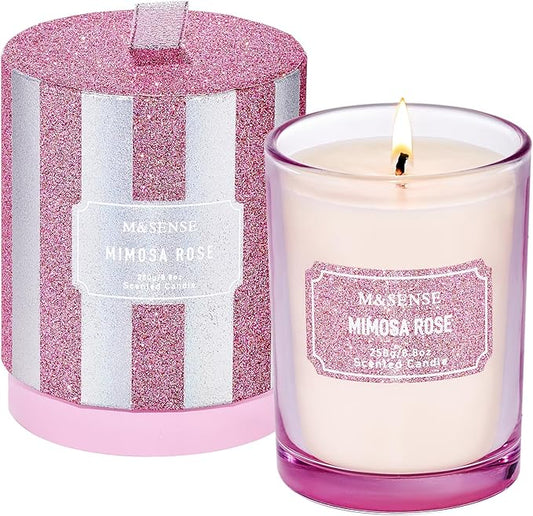 M&SENSE Rose Scented Candles, Classic Size 8.8 oz Glitter Jar Candles, Holiday Candles Gifts for Women, Strong Scented Natural Soy Candle for Winter Home Decor, 50 Hours Long Burning Candles