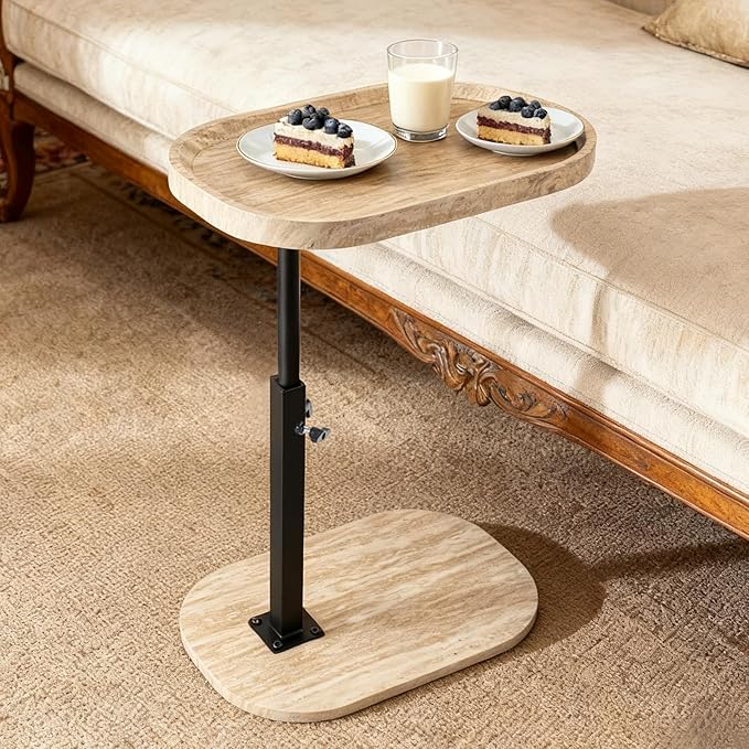 Adjustable C Shaped Side Table, C Table End Tables with Wheels for Sofa, 360° Swivel Sofa Tables for Livingroom,Bedroom,Study and Small Spaces (All White)