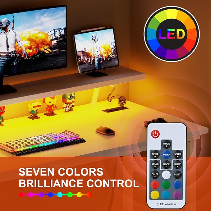 DlandHome Computer Desk 47’’ with LED Lights & Power Outlets,Folding Desk with Monitor Stand, Writing Desk Home Office Desk, Fully Assembled,White