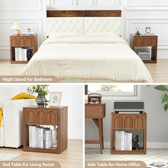 Nightstand Set of 2, 19.69" Wide Bedside Table with Arched Finish, Modern Night Stands with Curved Profile, Mid Century End Table for Bedroom Living Room (Walnut-2 Packs)