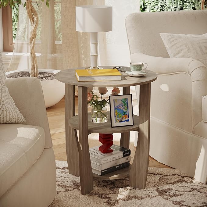 Round End Table with Storage Shelf,3 Tier Modern Side Table, Sofa Recliner Side Table,Accent Coffee Table,Nightstand for Living Room Bedroom for Small Spaces,19.7" D x 21.7" H