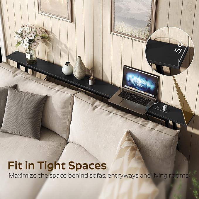 70.9" Couch Table Behind Sofa, Narrow Console Table with Outlet, Skinny Sofa Tables Narrow Long, Long Entryway Tables for Hallway, Entryway, Living Room, Black CT185UBB