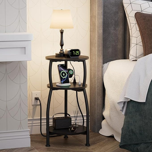 Round Side Table with Power Outlet & USB Ports, 3-Tier End Table with Storage Shelf, Modern Rustic Nightstand, Small Spaces Accent Table for Living Room Bedroom, Easy Assembly, Black