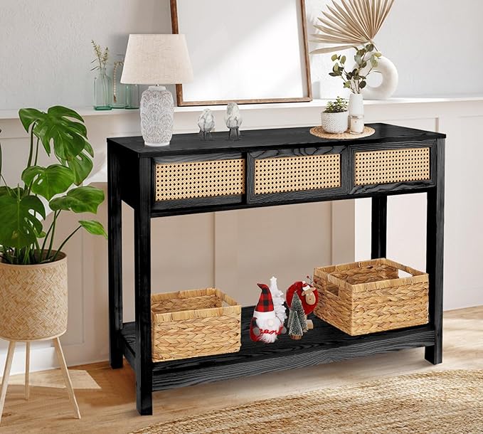 ZYBT Long Console Table, Rattan Entry Table, Console Tables for Entryway, Narrow Wood Console Table with Storage, Black Couch Table Hallway Table Boho Sofa Table for Living Room
