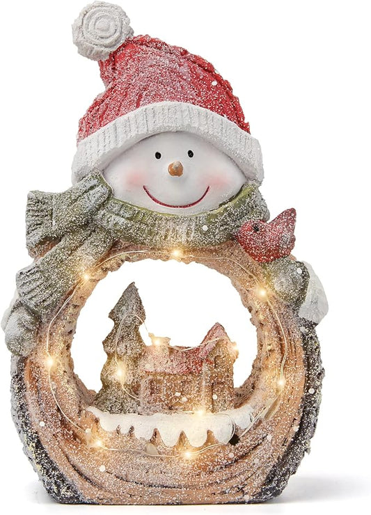 Snowman Statue with LED Lights for Christmas Decorations,Holiday Decor Figurine for Shelf Bookshelf Desk Fireplace Home Decor Accents,Indoor Winter Frosty Battery Operated 6h Timer