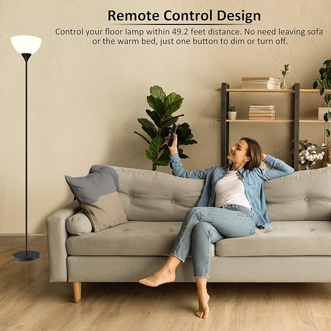 PESRAE Floor Lamp, Remote Control with Stpeless Color Temperatures and Brightness, Torchiere lamp for Bedroom, Living Room, Bulb Included (Matte Black)