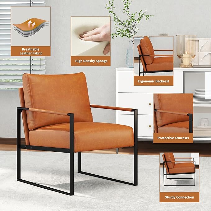 CANMOV Modern Accent Chair Set of 6, PU Leather Armchair with Metal Frame,Comfy Single Reading Chair with Soft Padded Backrest and Cushion for Living Room, Bedroom,Reading Room,Office,Brown