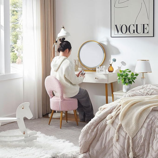 Vanity Stool with Storage and Backrest, Folding Back & Velvet Seat, Footrest, Round Ottoman with Sherpa, Vanity Chair with Storage, Ideal for Bedroom, Living Room, and Makeup Stations